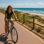 A joyful cyclist leading a group along a coastal path during an Albufera Bike Adventure, with the ocean and sandy beach visible, framed by trees and a wooden fence.