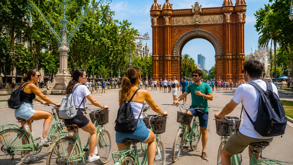 Cyclists on the Barcelona Bike Tour pause in front of the majestic Arc de Triomf in Barcelona. The group on green bicycles enjoys the sunny day and iconic monument in the background.