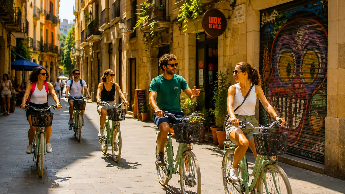 A friendly guide gestures while leading a group through the charming narrow streets of Barcelona’s El Born district on the Barcelona Bike Tour. Participants smile as they ride past colorful street art and historic buildings.