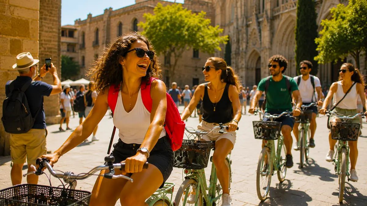 A joyful woman with curly hair laughing while riding her bike during the Barcelona Bike Tour in front of Barcelona Cathedral. The rest of the group follows behind in the lively square filled with tourists.