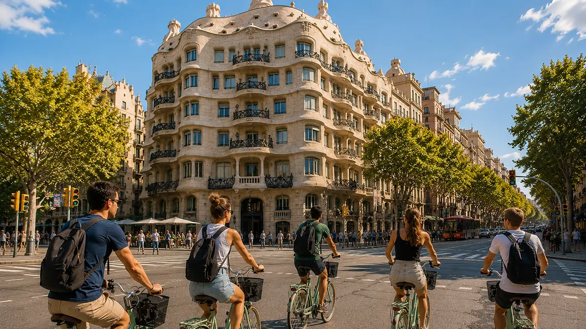 Cyclists riding past the famous Casa Milà (La Pedrera) on Passeig de Gràcia during the Barcelona Bike Tour. The group pedals along the wide avenue lined with modernist architecture on a bright sunny day.
