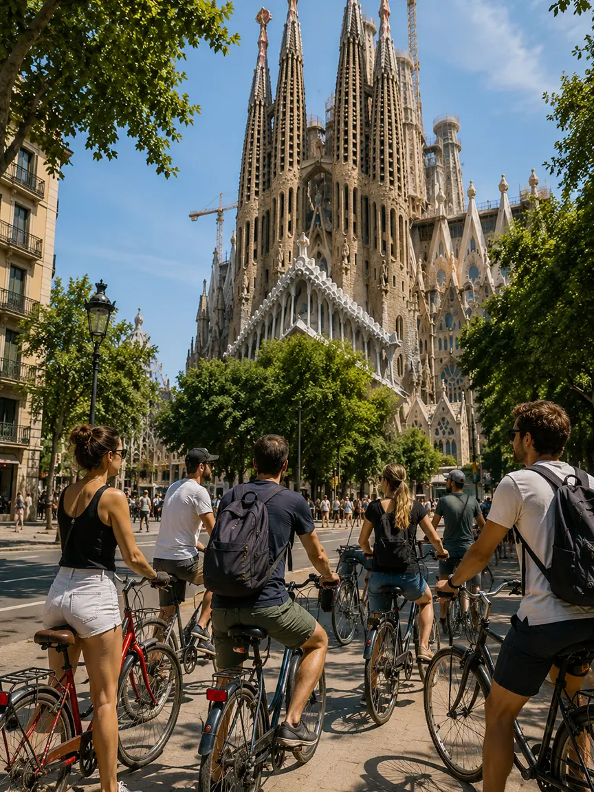 Barcelona by Bike cyclists riding past the magnificent Sagrada Familia cathedral, capturing the perfect mix of landmarks and local atmosphere on a clear day.