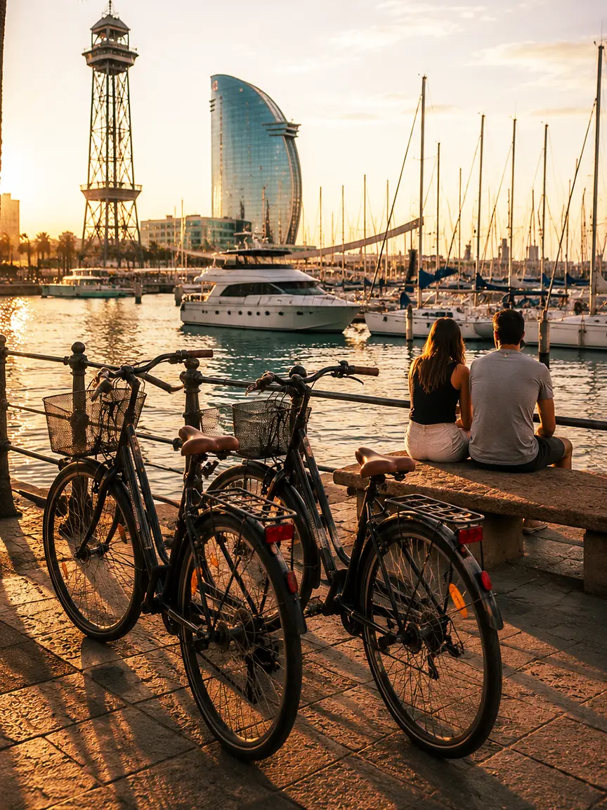 Barcelona by Bike moment at Barcelona's marina at sunset – two bicycles parked by the water with a couple relaxing near the Torre de Sant Sebastià and Hotel W.