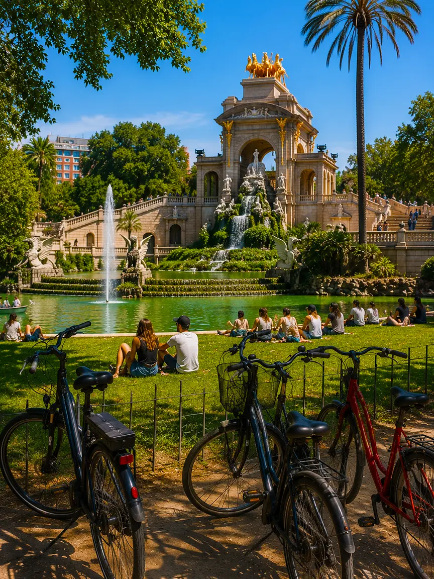 Barcelona by Bike view in Parc de la Ciutadella with bicycles in the foreground, people relaxing by the fountain and the iconic Cascada monument under blue skies.