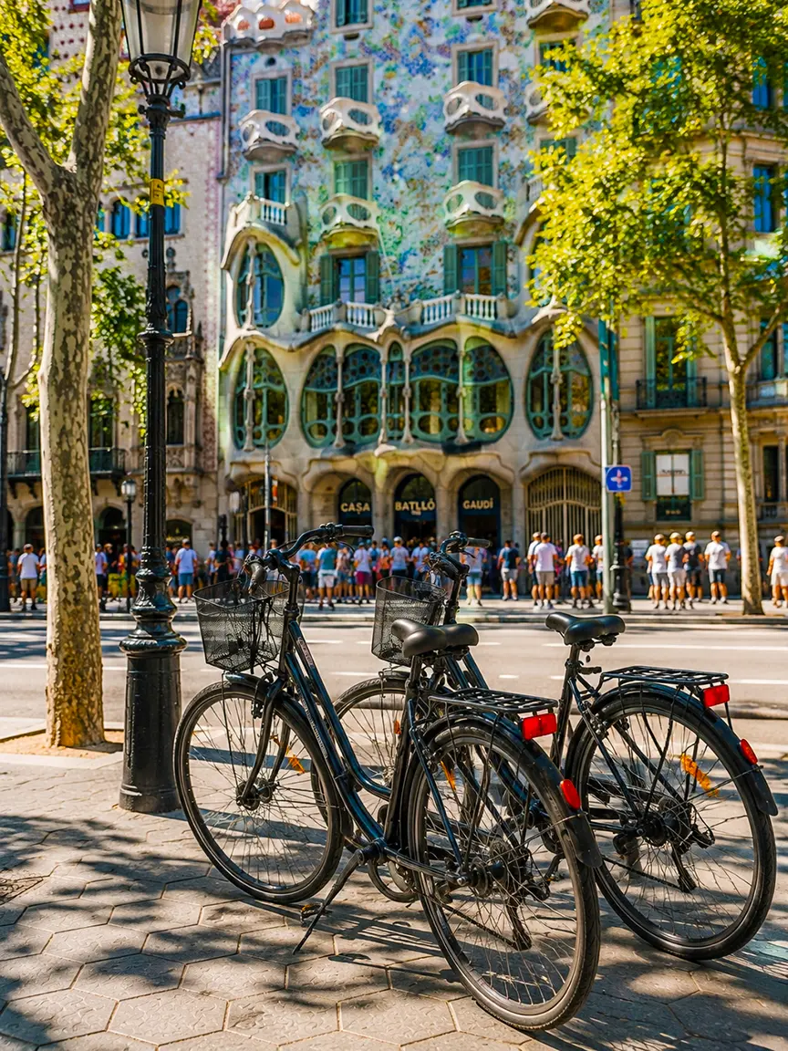 Barcelona by Bike bicycles parked on Passeig de Gràcia in front of the colorful Casa Batlló by Antoni Gaudí, showcasing the vibrant local atmosphere and architecture.