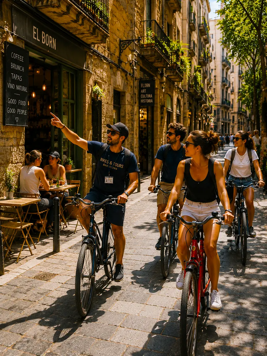 Barcelona by Bike guided tour in the charming El Born district – friendly guide pointing out sights while cycling through historic cobblestone streets with the group.