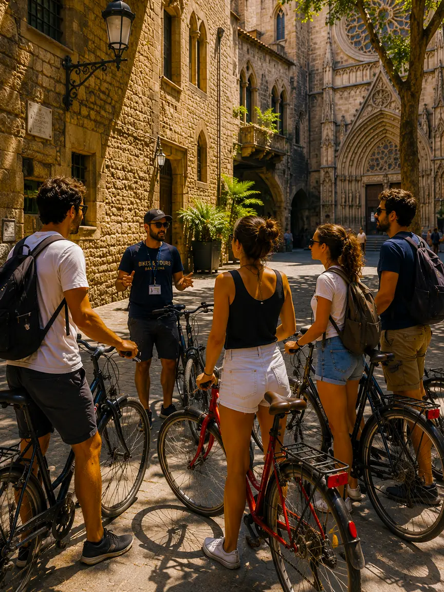 Barcelona by Bike group with a local guide exploring the Gothic Quarter near Barcelona Cathedral, blending cultural landmarks with an authentic bike tour experience.