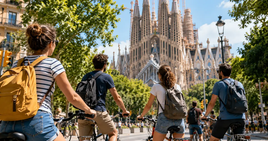 Barcelona by Bike group cycling towards the iconic Sagrada Familia on a sunny day, enjoying a guided bike tour with landmarks in the background.