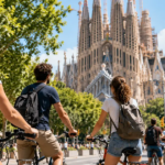 Barcelona by Bike group cycling towards the iconic Sagrada Familia on a sunny day, enjoying a guided bike tour with landmarks in the background.
