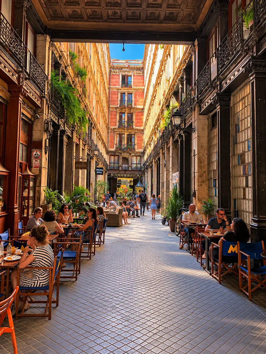 Historic passage in Barcelona's Old Town with outdoor cafés and traditional architecture.