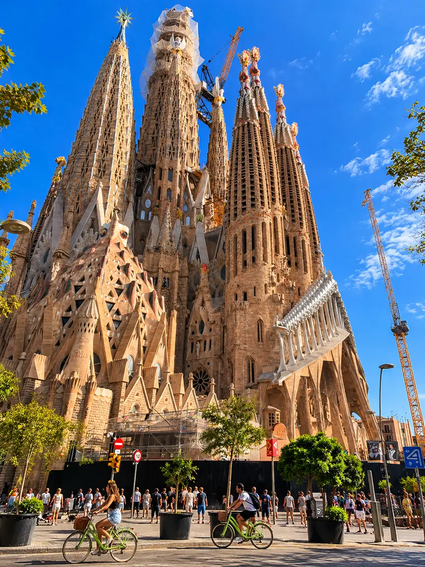 Exterior of Sagrada Família basilica in Barcelona with its iconic towers.