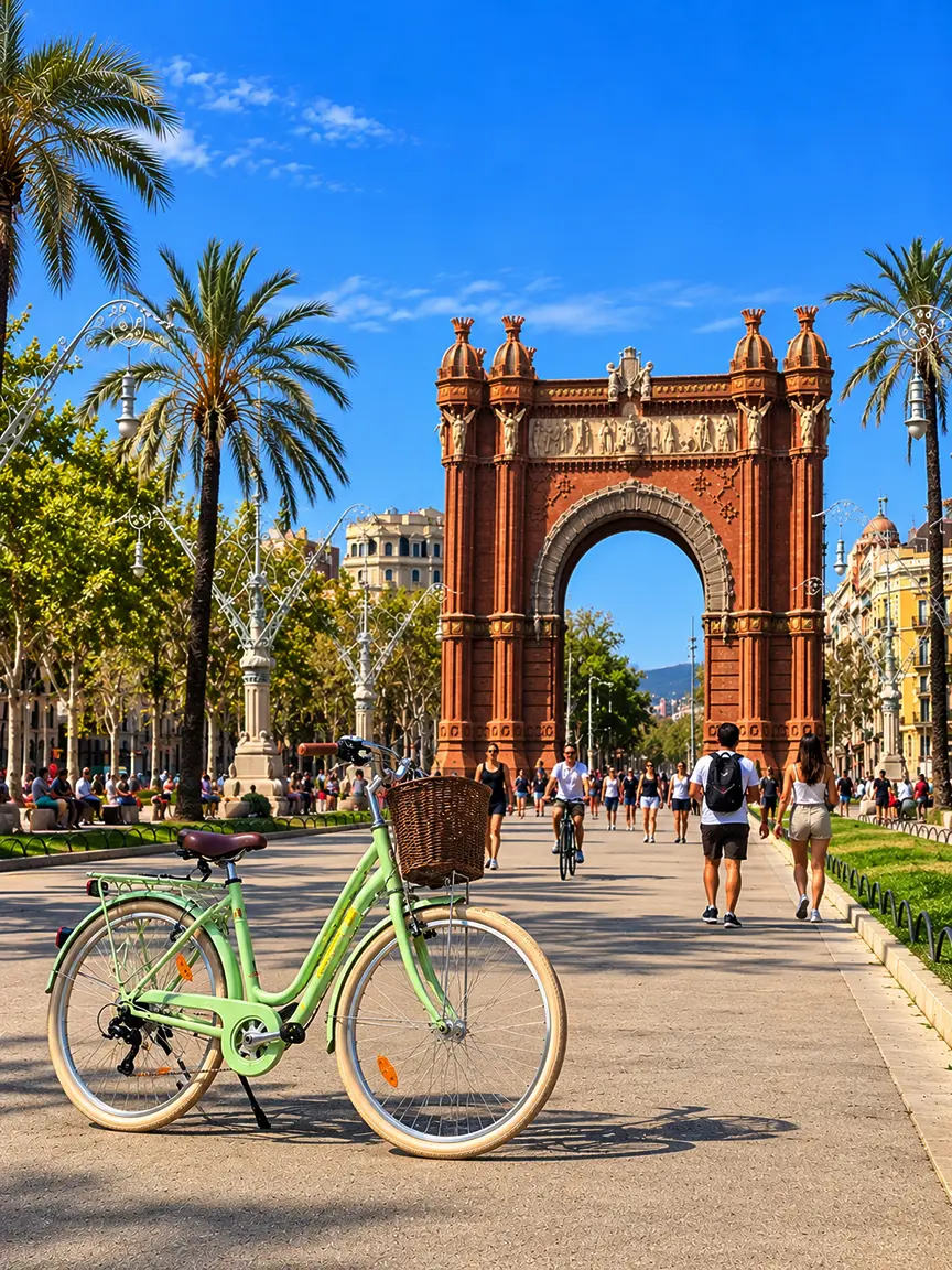Light green city bicycle in front of Arc de Triomf in Barcelona.