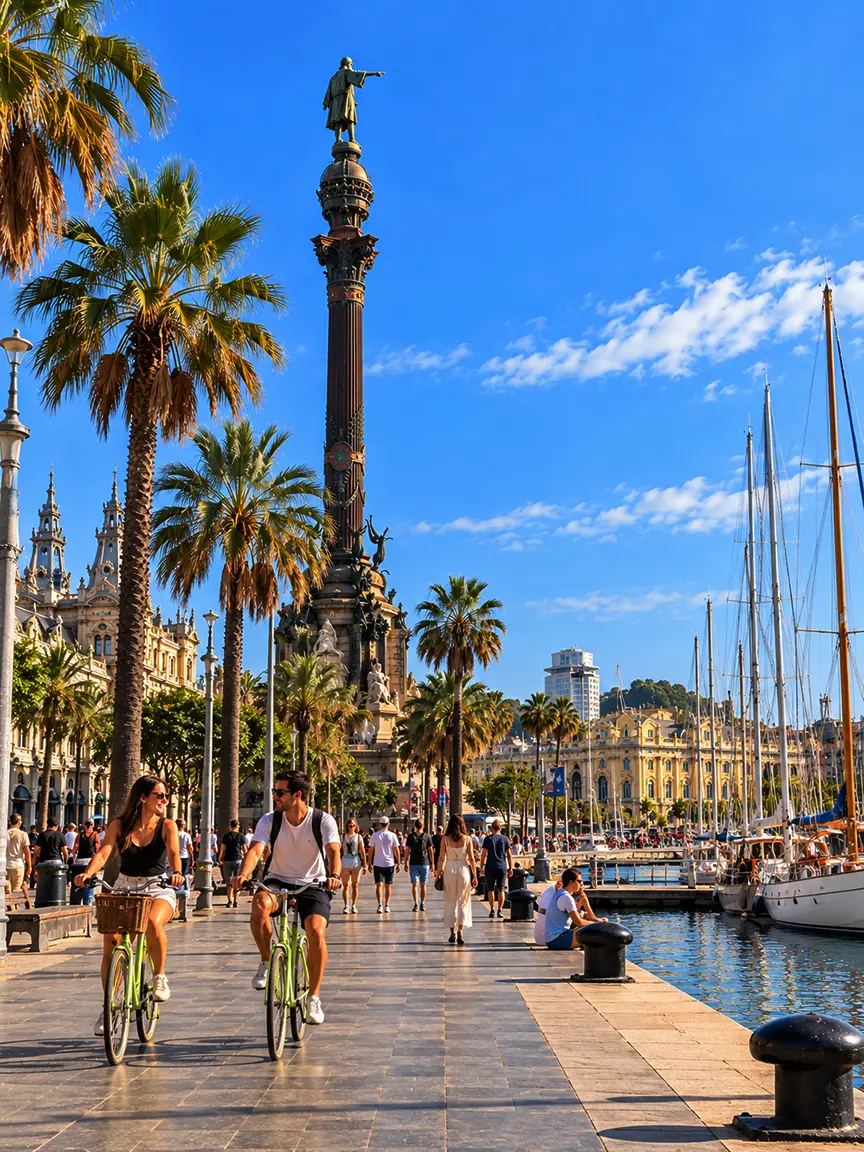 Columbus Monument and Port Vell waterfront in Barcelona with cyclists and marina boats.