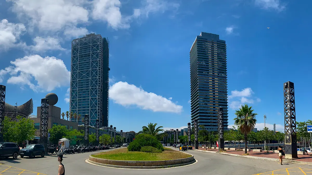 Modern skyscrapers and roundabout near the seafront on the Barcelona Gothic Quarter & Coast Bike Tour