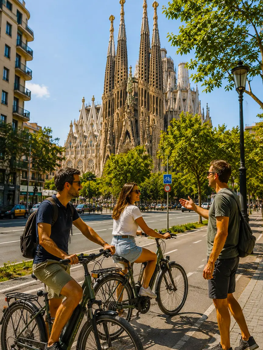 Tourists on e-bikes receiving directions from a guide in front of the Sagrada Família on a bright day in Barcelona in September.