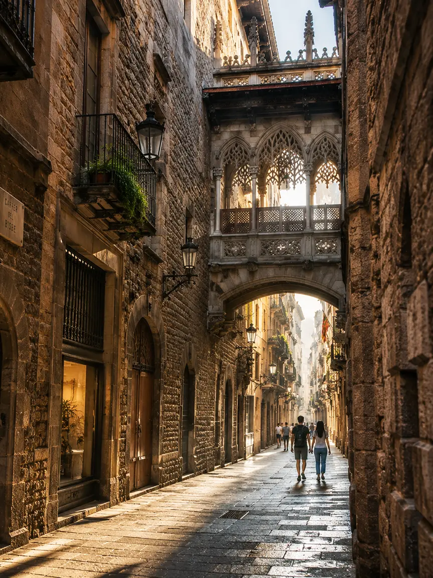 Couple walking down a sunlit stone street in Barcelona’s Gothic Quarter beneath the famous arched bridge, capturing the historic charm of Barcelona in September.