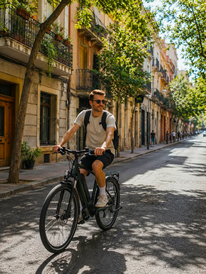 Man riding an electric bike down a tree-lined street in a sunny residential neighborhood of Barcelona in September.