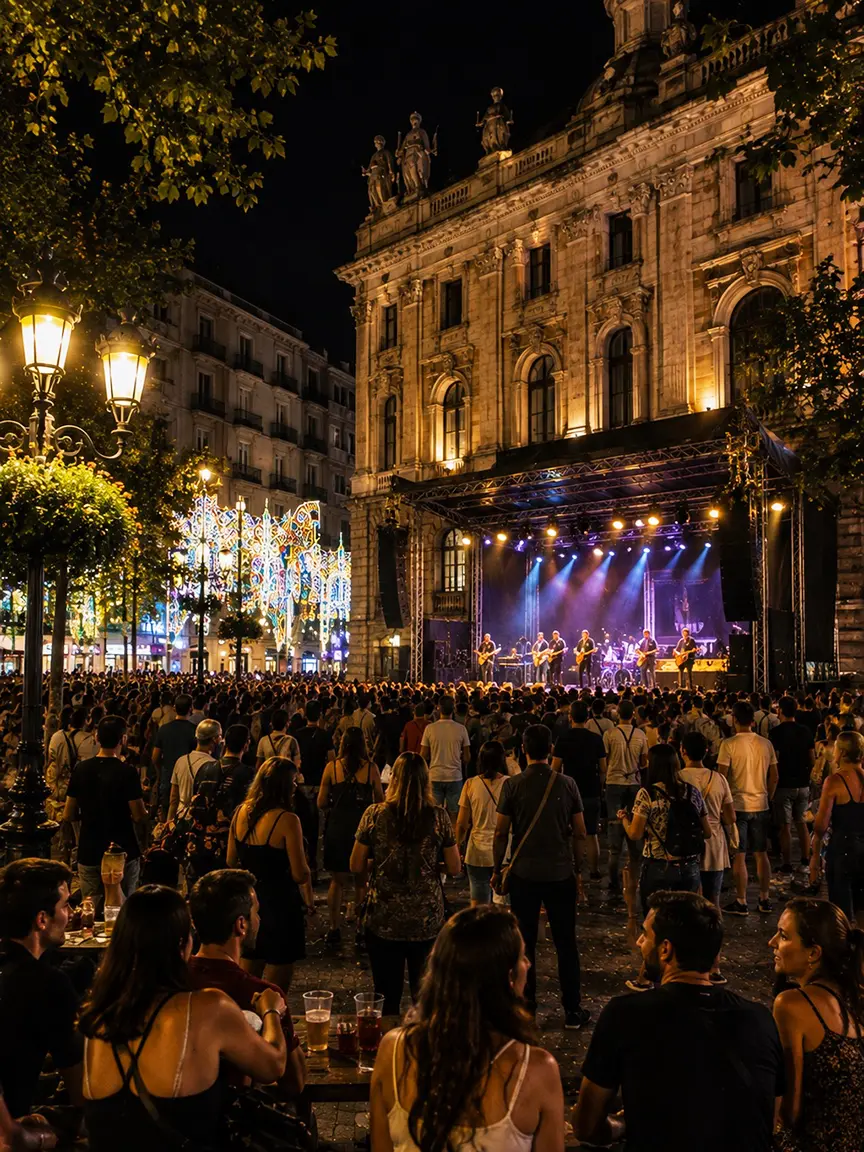 Crowded outdoor evening concert with live band on stage, festive lights, and historic buildings illuminated at night in Barcelona in September.