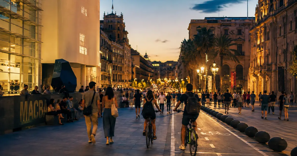 Barcelona Museum Night 2026: Bustling wide promenade at dusk outside the MACBA museum, with pedestrians, cyclists, and people sitting along the wall featuring the large museum sign and modern architecture.