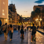 Barcelona Museum Night 2026: Bustling wide promenade at dusk outside the MACBA museum, with pedestrians, cyclists, and people sitting along the wall featuring the large museum sign and modern architecture.