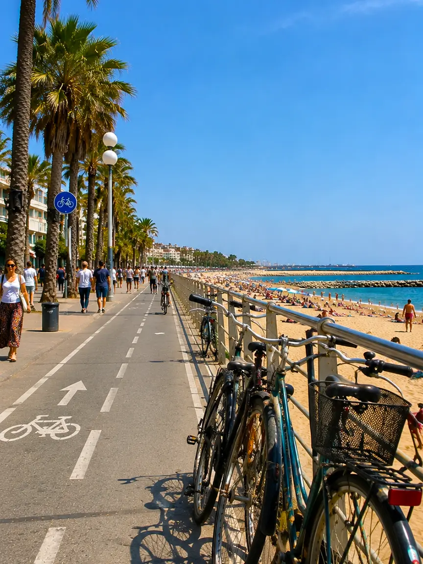 Sunny Barcelona beachfront bike path lined with palm trees during Sant Joan Festival 2026, showing cyclists, pedestrians, and golden sand with turquoise Mediterranean waters under a clear blue sky.