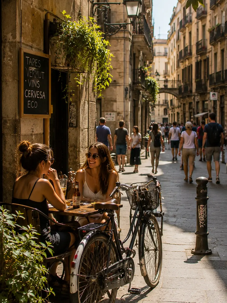 Two women enjoying a relaxed conversation at an outdoor cafe table on a sunny Barcelona street during Sant Joan Festival 2026, with a bicycle parked nearby and historic architecture in the background.