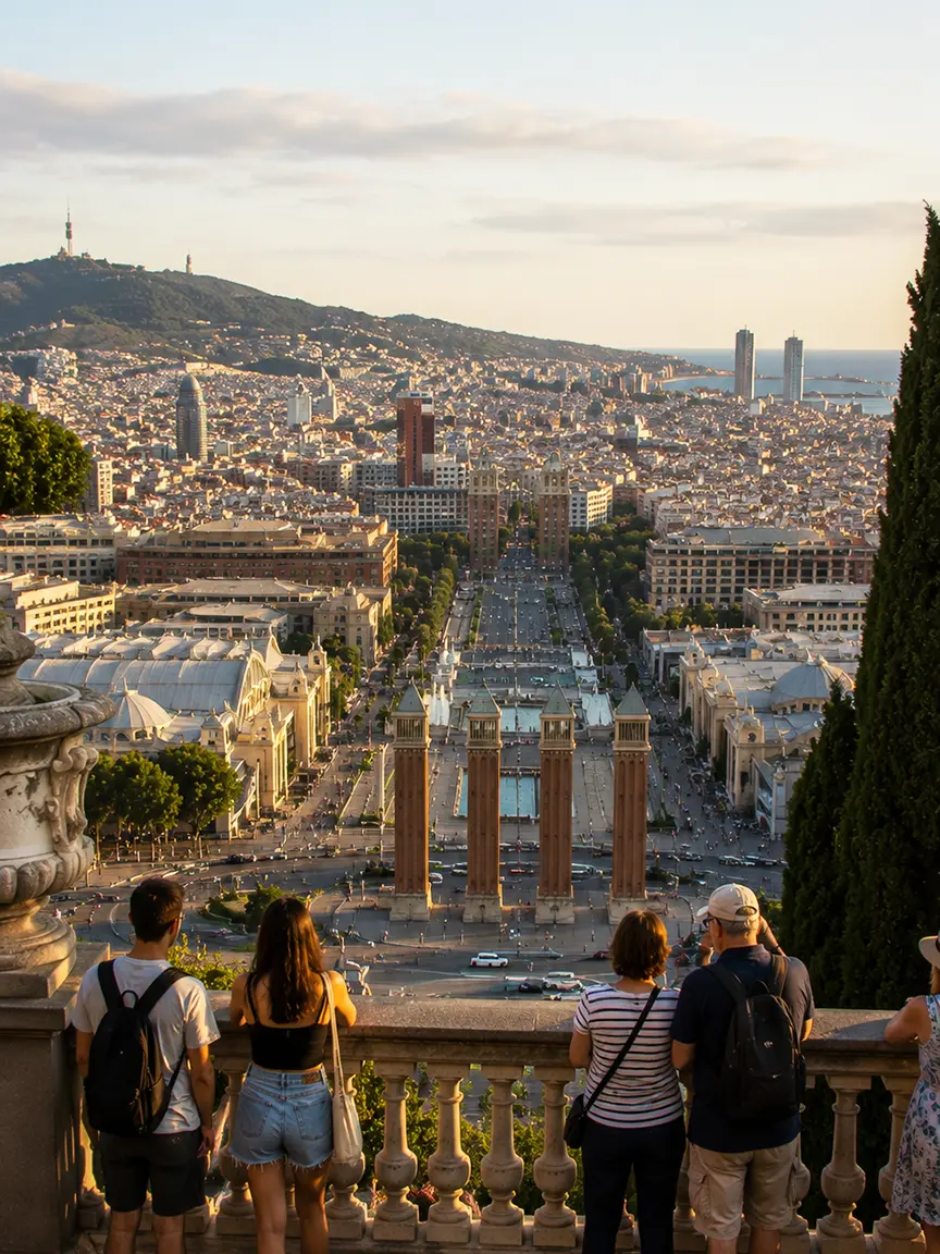 Panoramic sunset view over Barcelona cityscape from a scenic overlook during Sant Joan Festival 2026, with people admiring the illuminated avenues, towers, and distant sea.