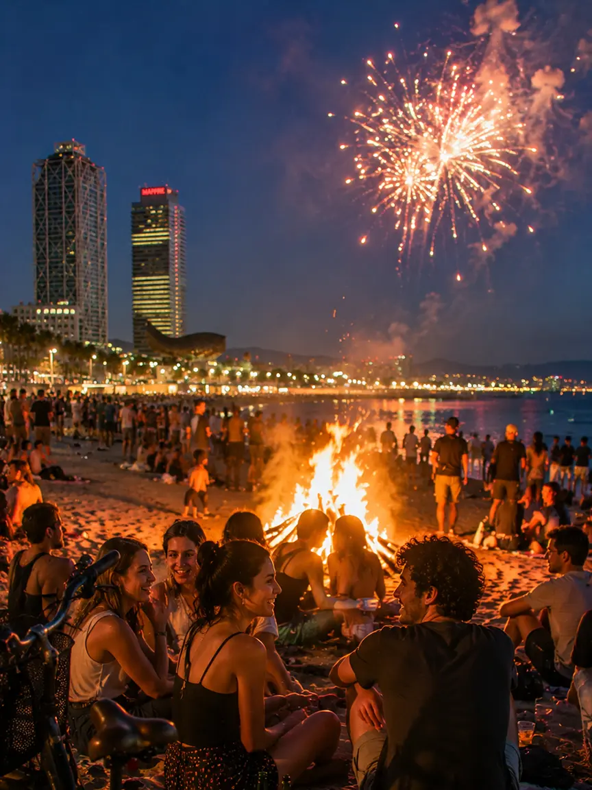 Festive nighttime beach celebration during Sant Joan Festival 2026 in Barcelona featuring a large bonfire, spectacular fireworks over the sea, and crowds gathered on the sand with the city skyline glowing in the background.