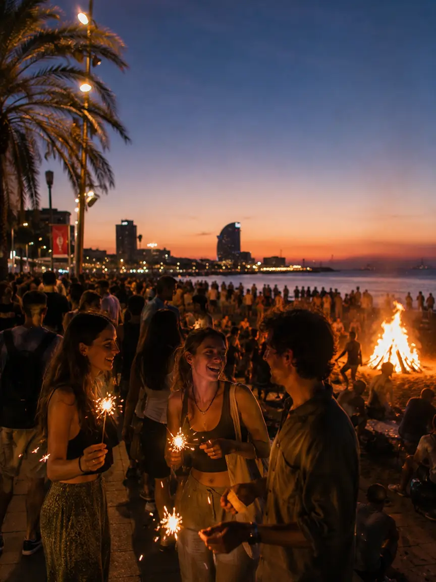 Joyful group of friends holding sparklers on the beach at dusk during Sant Joan Festival 2026 in Barcelona, with a glowing bonfire, palm trees, and festive crowds celebrating under the colorful twilight sky.