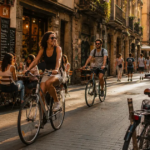 Vibrant street scene during Sant Joan Festival 2026 in Barcelona with cyclists riding past lively outdoor cafe terraces filled with people enjoying drinks and conversation in a historic alleyway.