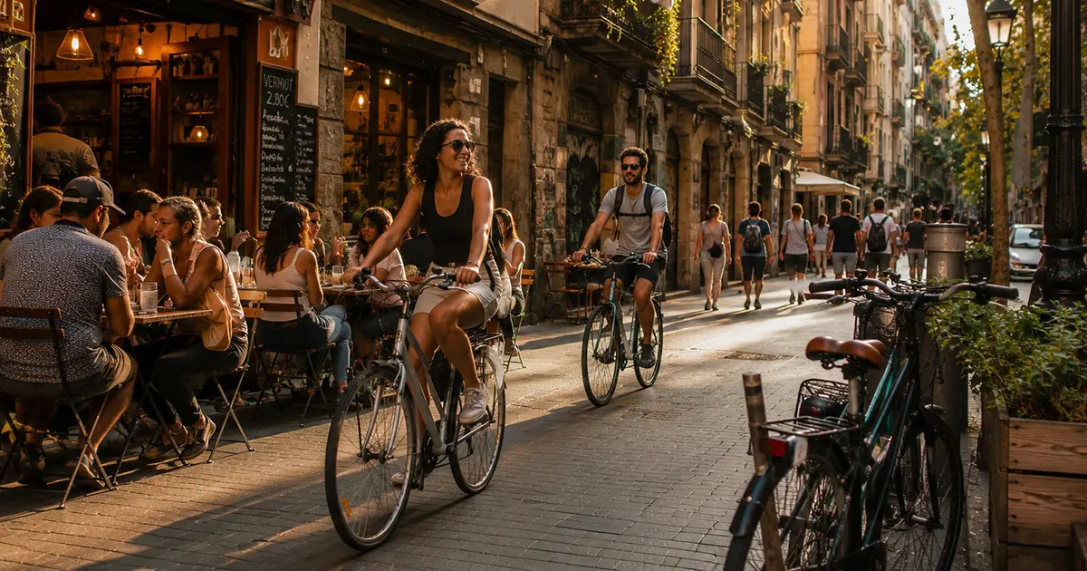 Vibrant street scene during Sant Joan Festival 2026 in Barcelona with cyclists riding past lively outdoor cafe terraces filled with people enjoying drinks and conversation in a historic alleyway.