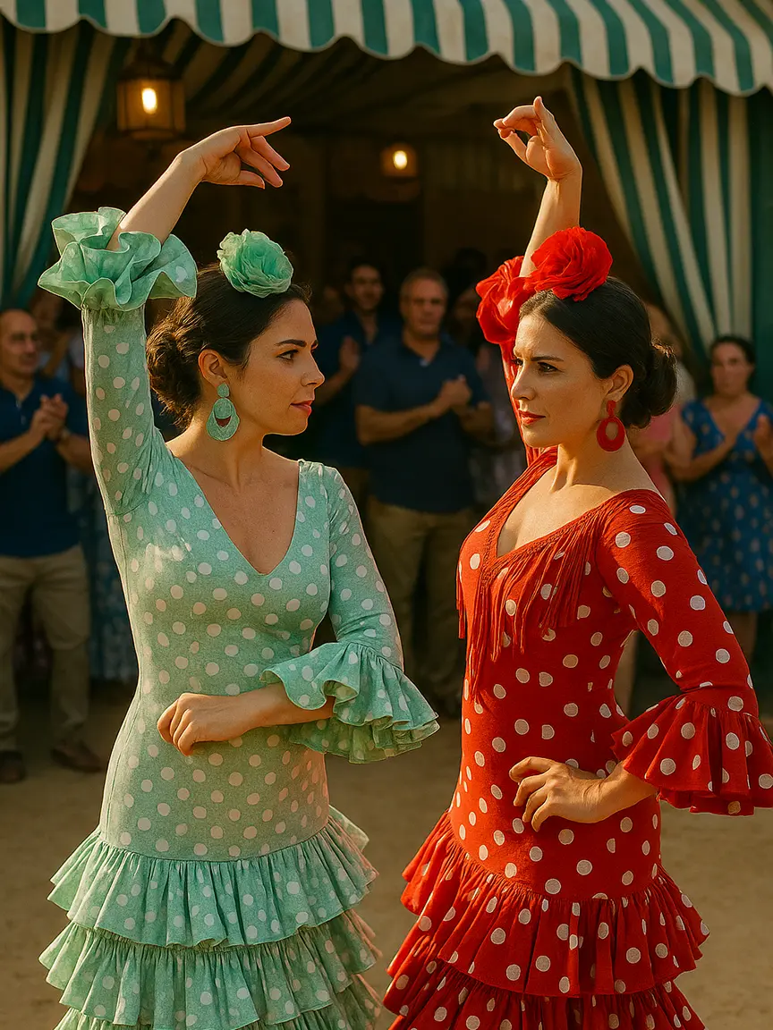 Two women in polka dot flamenco dresses, one green and one red, perform a dance at Feria Andaluza 2025 in Valencia. They pose with arms raised under a striped tent, with a crowd clapping in the background.