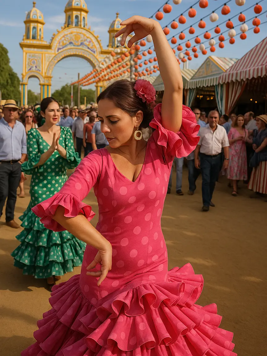 A woman in a pink polka dot flamenco dress dances at Feria Andaluza 2025 in Valencia, with a crowd and striped tents in the background. The festive arch and hanging lights add to the vibrant atmosphere.
