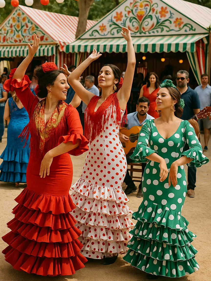 Three women in colorful polka dot flamenco dresses (red, white, and green) dance together at Feria Andaluza 2025 in Valencia. Striped tents, festive lights, and a guitarist in the background create a lively festival scene.