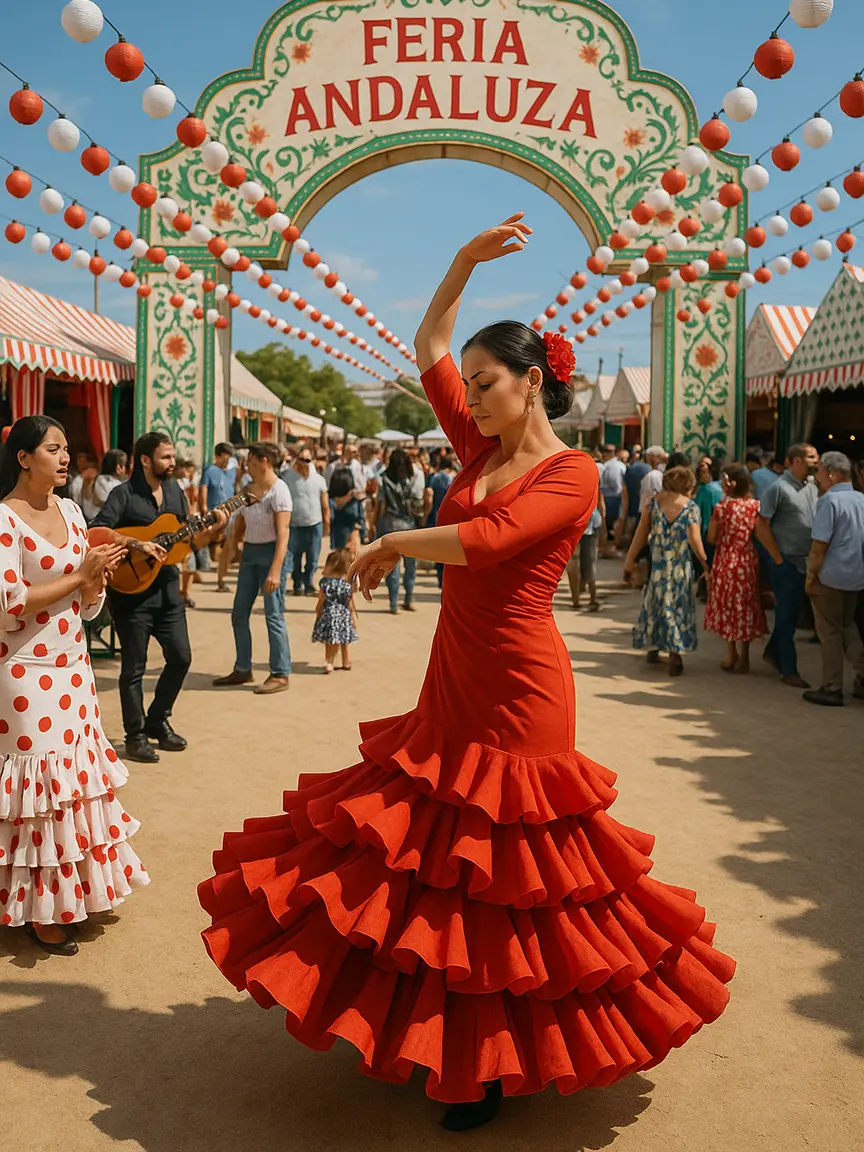 A woman in a red polka dot flamenco dress dances under the "Feria Andaluza" arch at Feria Andaluza 2025 in Valencia. Festive lights and striped tents line the area, with a guitarist and crowd in the background.