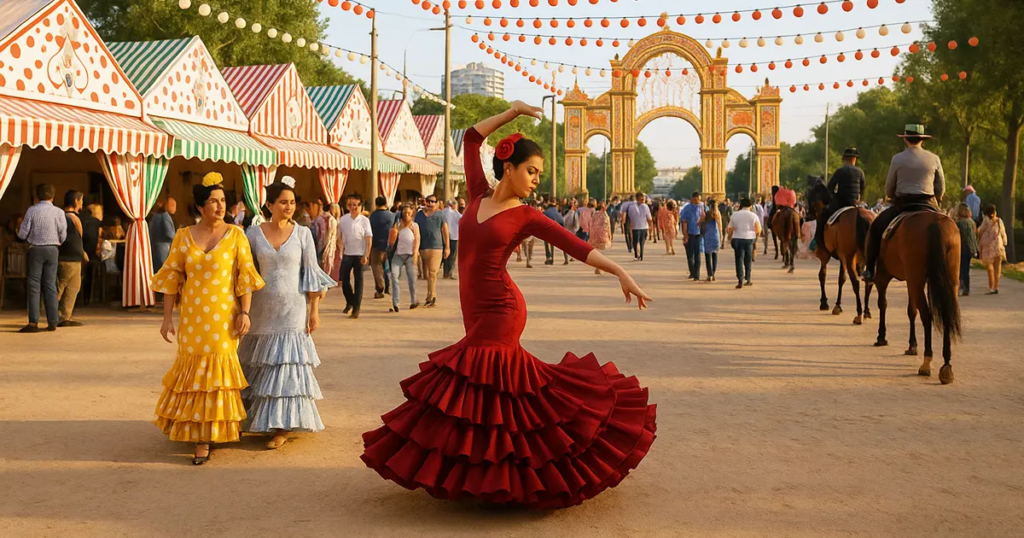 A woman in a red polka dot flamenco dress dances gracefully at Feria Andaluza 2025 in Valencia. Striped tents, festive lights, and a decorative arch frame the scene, with people on horseback and a crowd in the background.