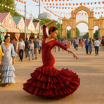 A woman in a red polka dot flamenco dress dances gracefully at Feria Andaluza 2025 in Valencia. Striped tents, festive lights, and a decorative arch frame the scene, with people on horseback and a crowd in the background.