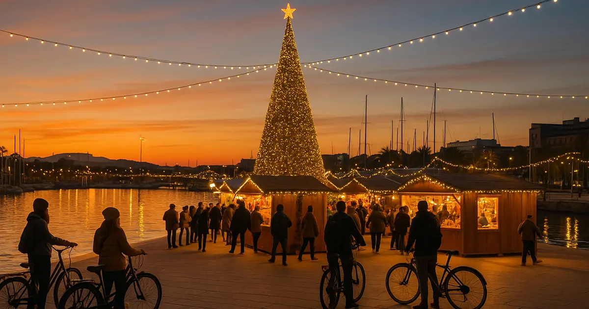 A vibrant Christmas market at Port Vell harbor during sunset, featuring a massive illuminated Christmas tree with golden lights and a shining star, wooden stalls adorned with fairy lights, crowds of people shopping, and cyclists riding along the waterfront promenade, capturing the festive atmosphere of Christmas cycling in Barcelona 2026.