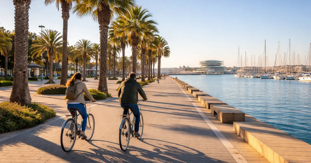 Cycling in Valencia in January along the waterfront promenade with palm trees and marina views under clear blue skies.