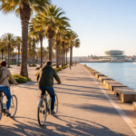 Cycling in Valencia in January along the waterfront promenade with palm trees and marina views under clear blue skies.