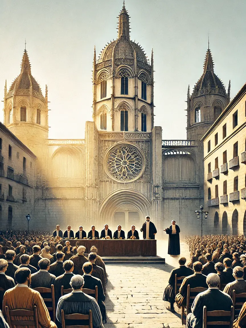 A large crowd gathers in front of a grand Gothic cathedral in Valencia, Spain, with intricate spires and a rose window. At the center, members of Valencia’s Water Court, dressed in black robes, sit at a long table, conducting a public session as onlookers observe the traditional water dispute resolution.