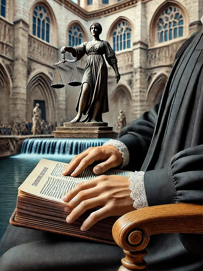 A close-up of a person in a black robe with lace cuffs, holding an open book, seated in a wooden chair. In the background, a statue of Lady Justice with scales stands in a courtyard with Gothic architecture, symbolizing the fairness of Valencia’s Water Court proceedings in a historic setting.