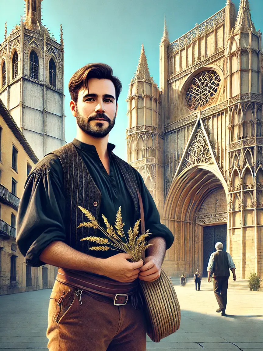 A man in historical attire, holding wheat and a woven basket, stands in front of a Gothic cathedral in Valencia, Spain. The setting suggests a connection to Valencia’s Water Court, with the cathedral’s ornate architecture and a few figures in the background, evoking a sense of tradition and agriculture.