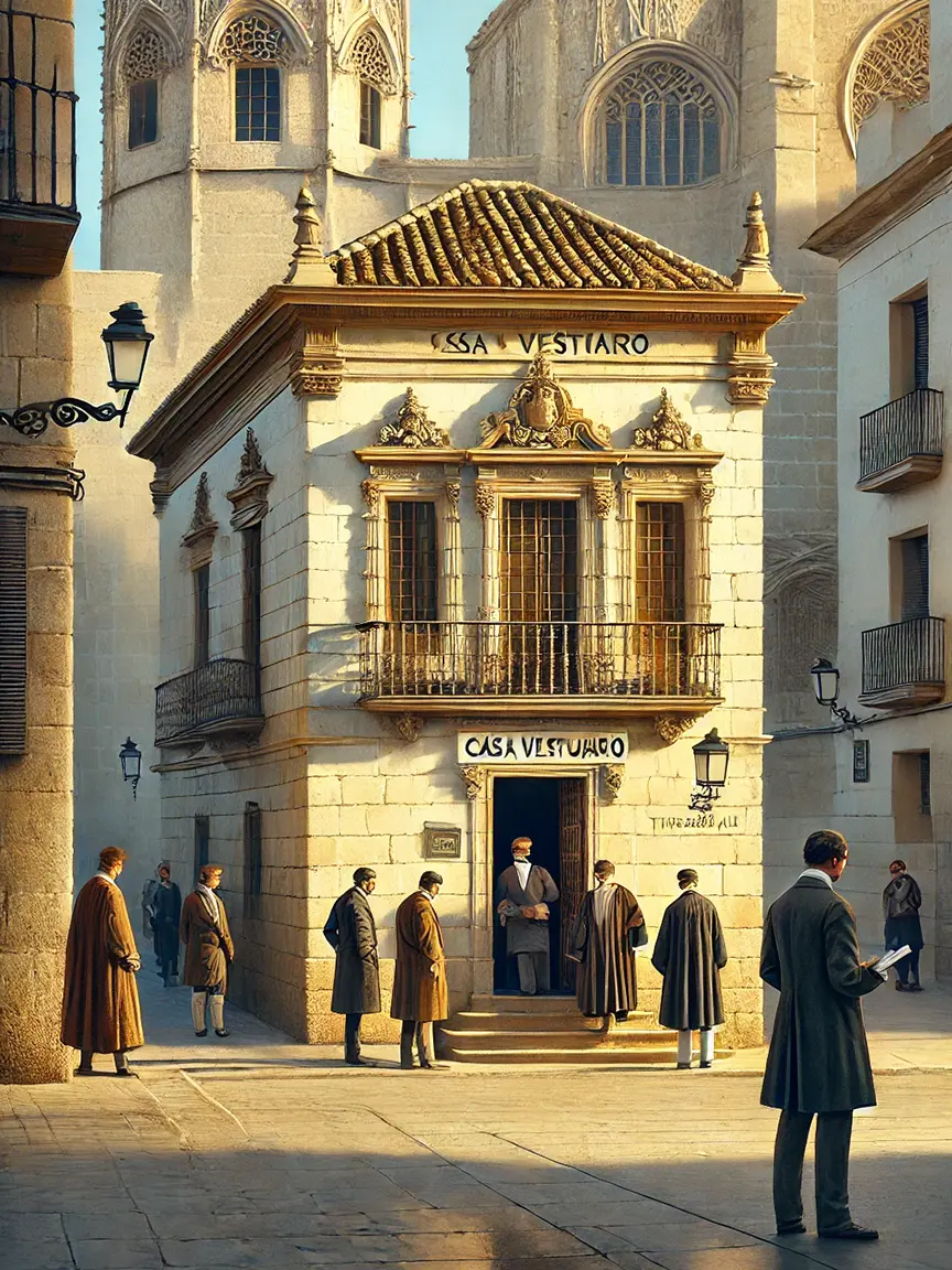 A historic scene outside a small, ornate building labeled "Casa Vestuario" in Valencia, Spain, with Gothic architecture in the background. Several people in traditional robes gather near the entrance, possibly preparing for Valencia’s Water Court proceedings, set against a sunlit cobblestone street.