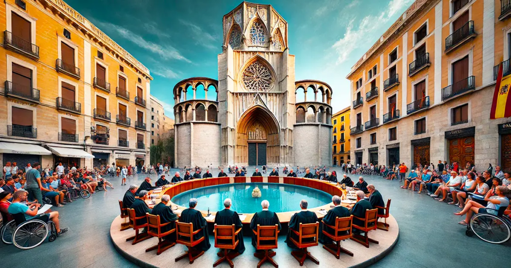 A modern-day scene in front of a Gothic cathedral in Valencia, Spain, with a circular table set up in the plaza. Members of Valencia’s Water Court, dressed in formal attire, sit around the table in a public session, surrounded by a diverse crowd, including people in wheelchairs, under a bright blue sky.