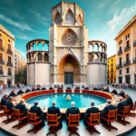 A modern-day scene in front of a Gothic cathedral in Valencia, Spain, with a circular table set up in the plaza. Members of Valencia’s Water Court, dressed in formal attire, sit around the table in a public session, surrounded by a diverse crowd, including people in wheelchairs, under a bright blue sky.
