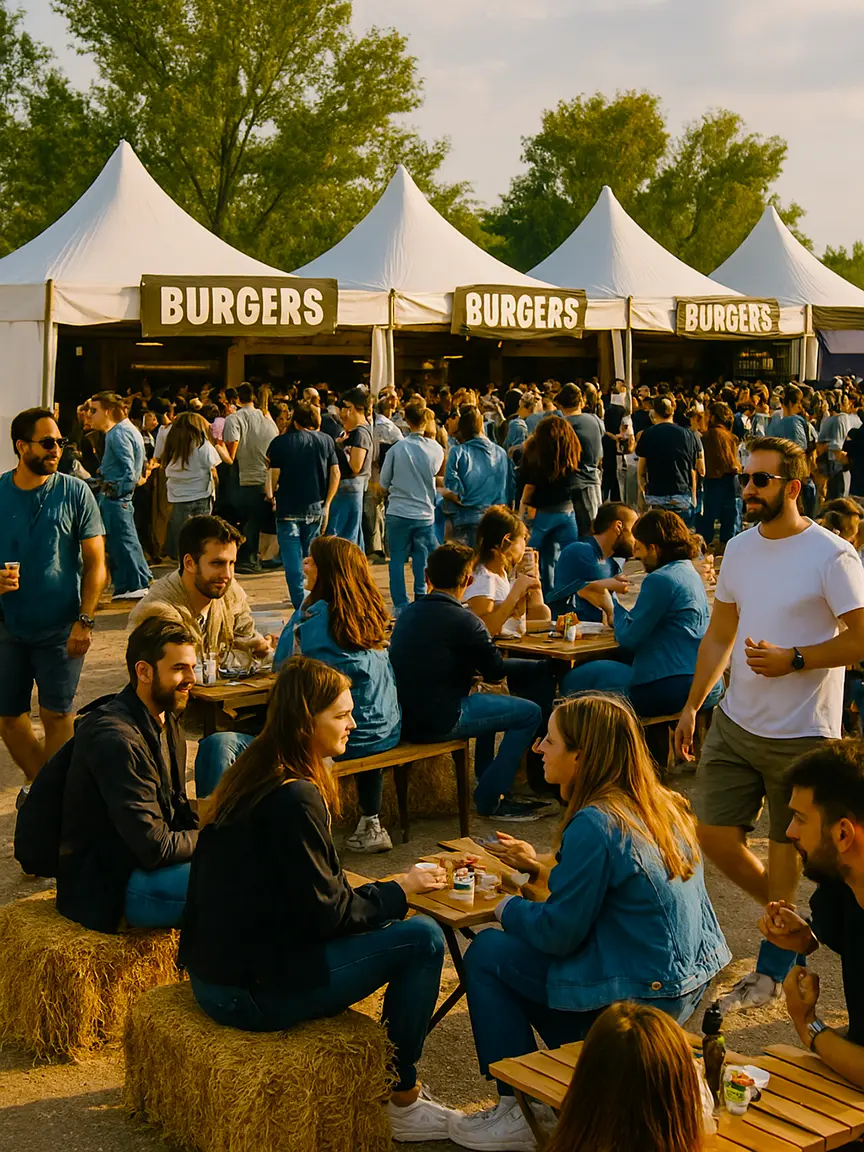 A vibrant crowd at Horta Burger Fest 2025 enjoys the event, with people sitting at picnic tables and others standing in line at burger stalls. Tents labeled "Burgers" are set up in a row, and hay bales are used as seating, creating a festive outdoor atmosphere with trees in the background.