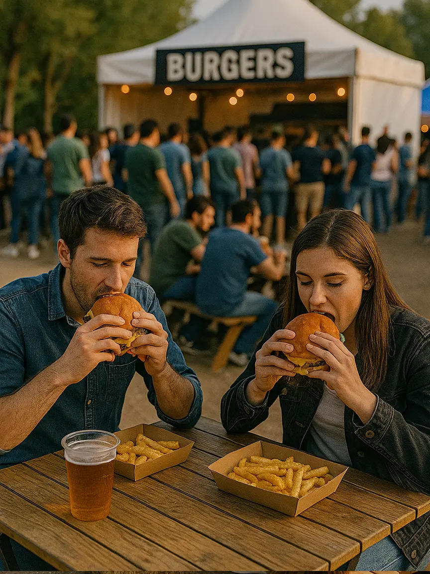 Two people sitting at a wooden table at Horta Burger Fest 2025, each taking a big bite of a juicy burger. In front of them are trays of fries and cups of beer, with a bustling festival crowd and burger stalls in the background under a tent labeled "Burgers."