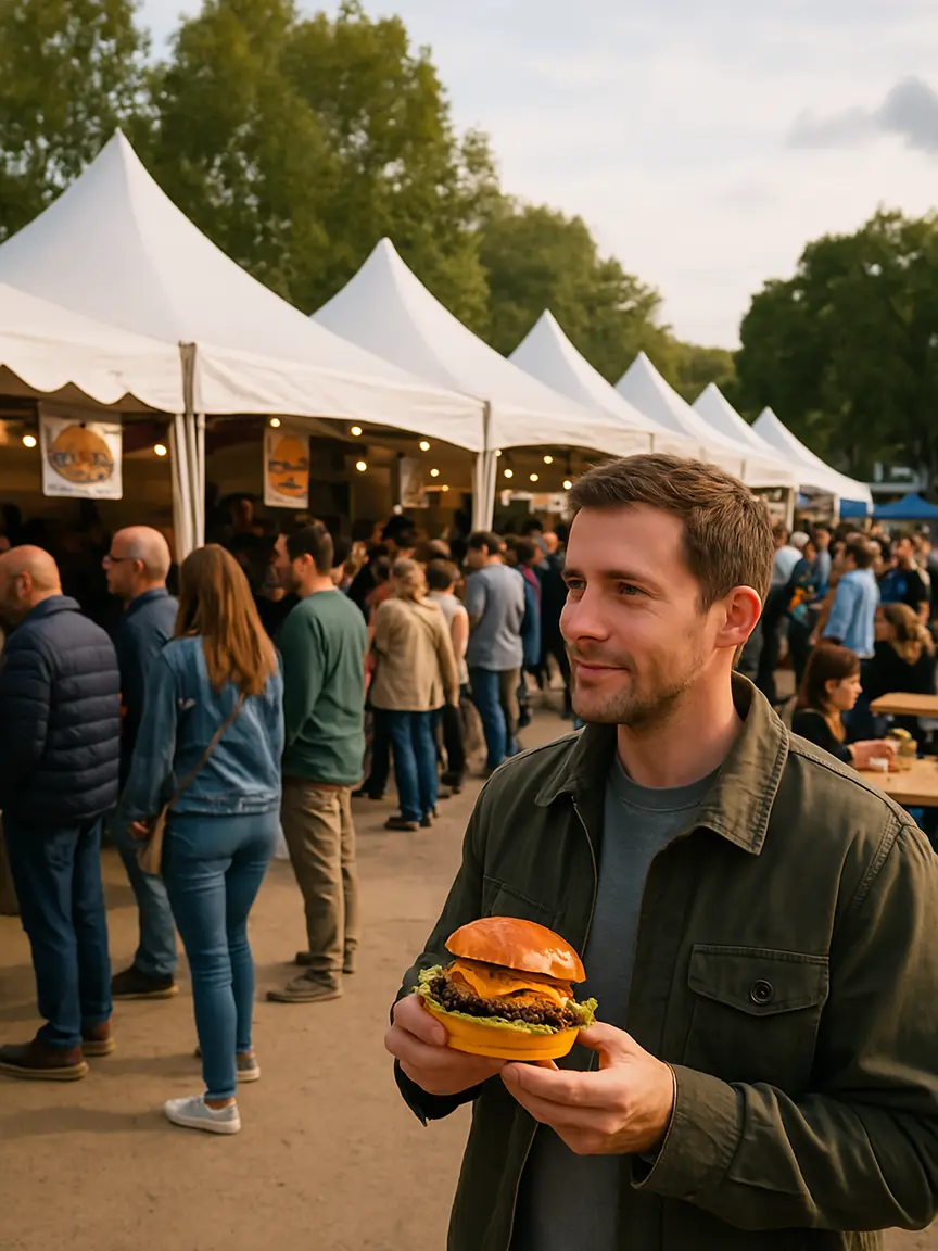 A person in a green jacket proudly holds a freshly made burger at Horta Burger Fest 2025. The festival is in full swing, with crowds of people in the background lining up at burger stalls under white tents, enjoying the sunny day and casual vibe.