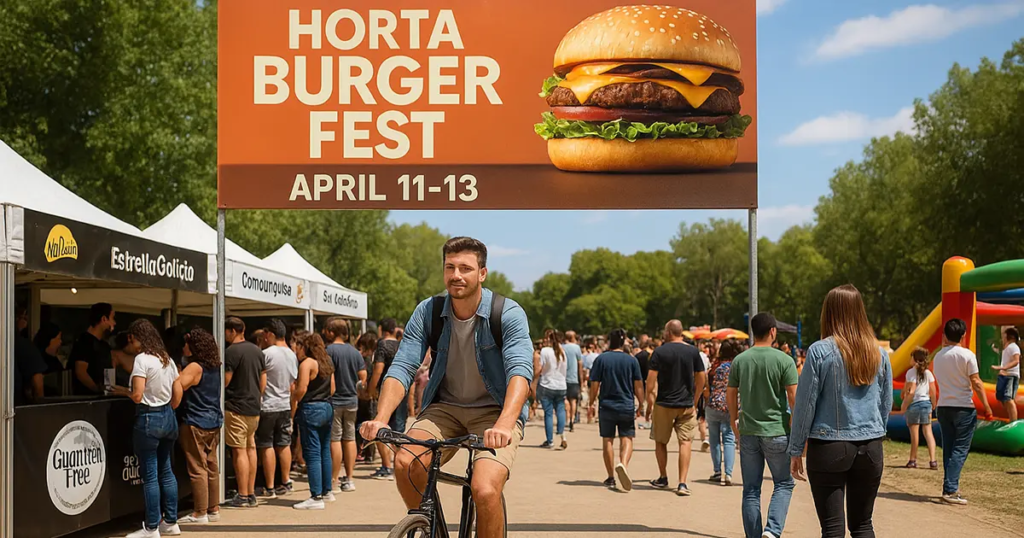 A lively outdoor scene at Horta Burger Fest 2025, held on April 11-13. A large crowd gathers under a banner displaying "Horta Burger Fest April 11-13" with a giant burger image. People line up at food stalls like "Estrella Galícia" and "Comoungusa," while others enjoy the festival atmosphere with a bounce house in the background.